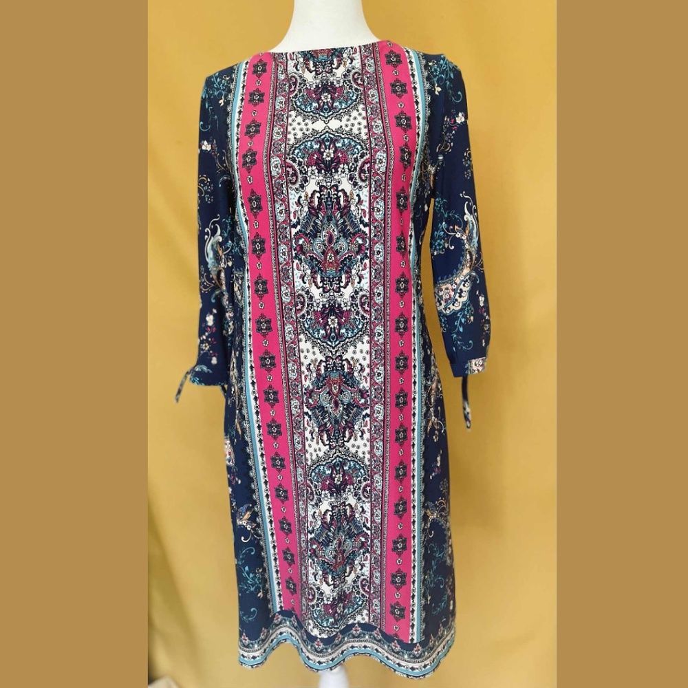 Retro Mod Paisley Print 60s Shift Dress Navy Pink Boho 3/4 Sleeve M